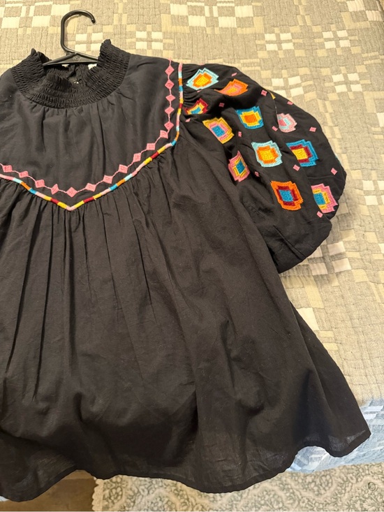 THML Tops - THML Black Puff Sleeve Top with Multicolor Embroidery